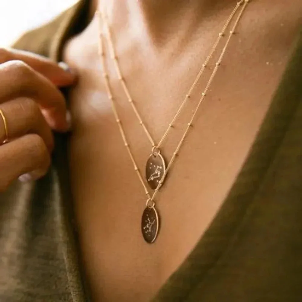Leo Minimalist Zodiac Charm Oval Disc Necklace